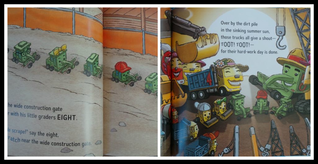 Push dig scoop, kids, construction vehicles, counting book