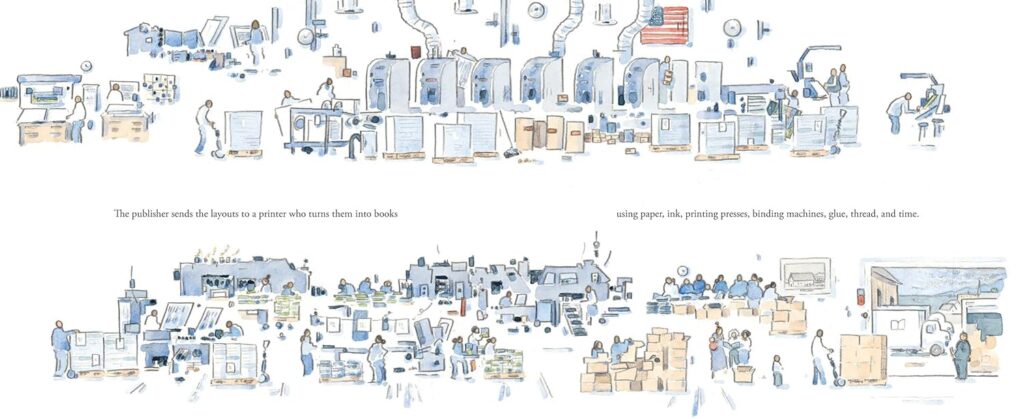 Here is a Book, a lush, lyrical story about the process on physically creating a book is a satisfying, chill, read aloud for young elementary.