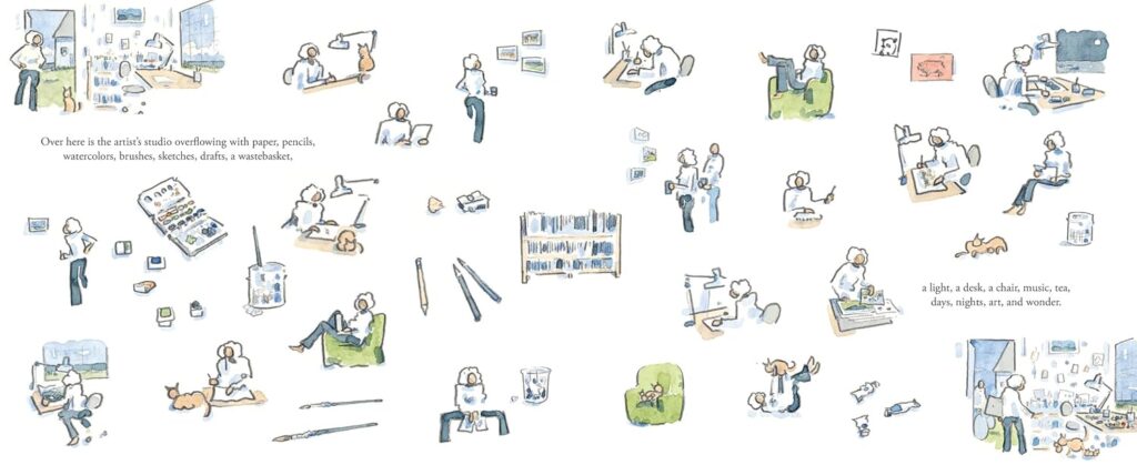 Here is a Book, a lush, lyrical story about the process on physically creating a book is a satisfying, chill, read aloud for young elementary.