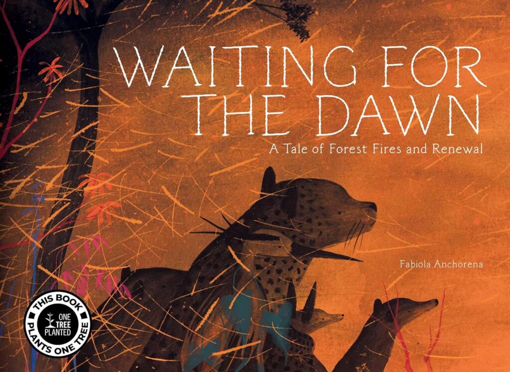 Waiting for the Dawn is a gorgeous illustrated book that uses (mainly) duo-chromatic colors to tell the story of a fire, the forest and its rebirth.