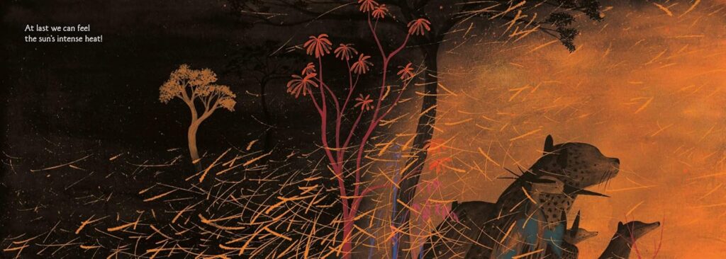 Waiting for the Dawn is a gorgeous illustrated book that uses (mainly) duo-chromatic colors to tell the story of a fire, the forest and its rebirth.