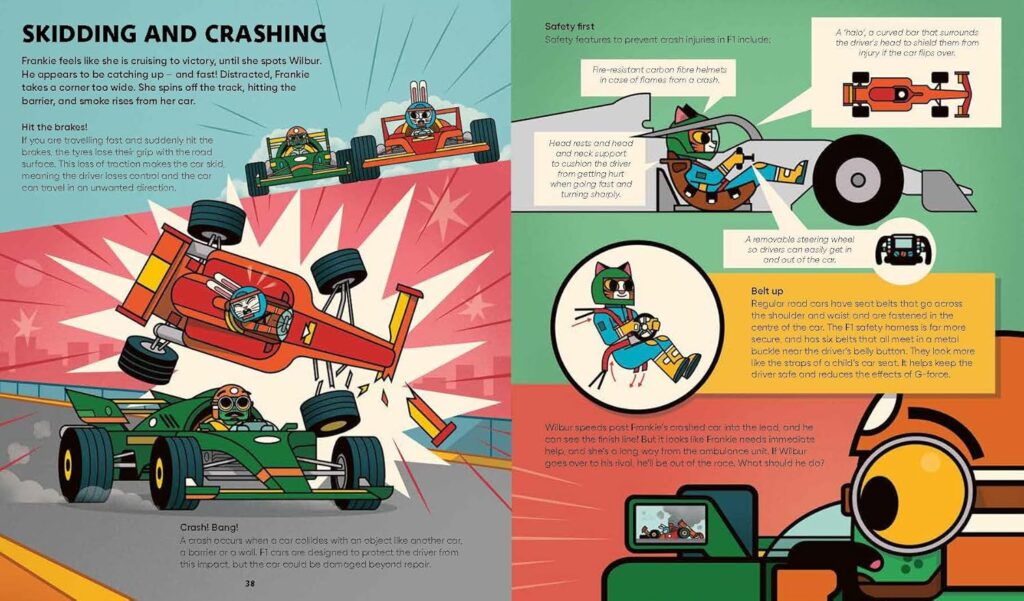 STEMville: The Fast Lane, a timeless look at F1, Formula One racing in a busy, anthropomorphic town. It makes you curious about it via sharp illustrations and perfectly truncated text.