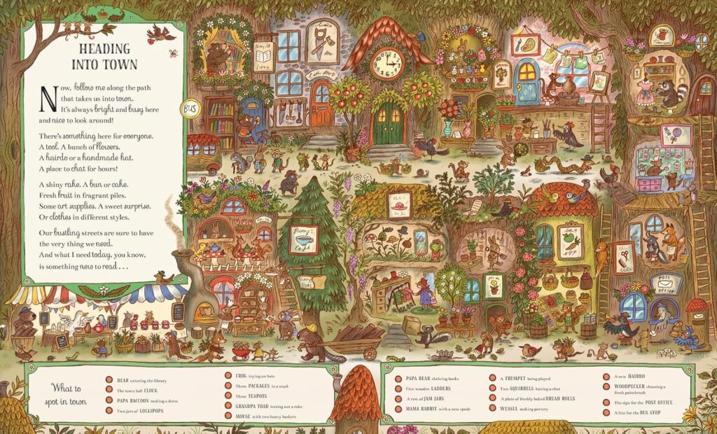 It’s Busy Down in the Woods Today is a seek-and-find book in Brown Bear Wood series, but offers a homespun, poetic twist for ages two to six.