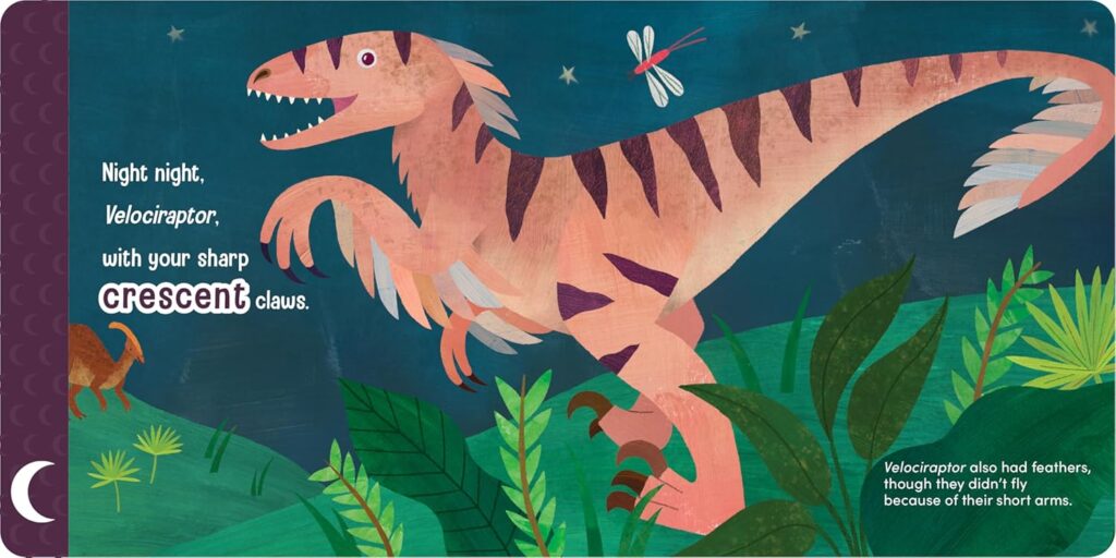 Night Night Tyrannosaurus is a board book that uses some go-to elements for toddlers and crawlers, but adds a little STEM.