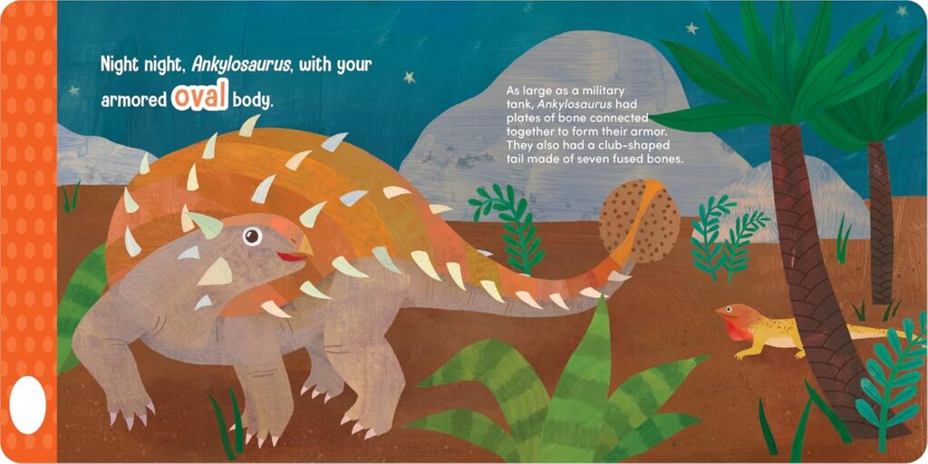 Night Night Tyrannosaurus is a board book that uses some go-to elements for toddlers and crawlers, but adds a little STEM.