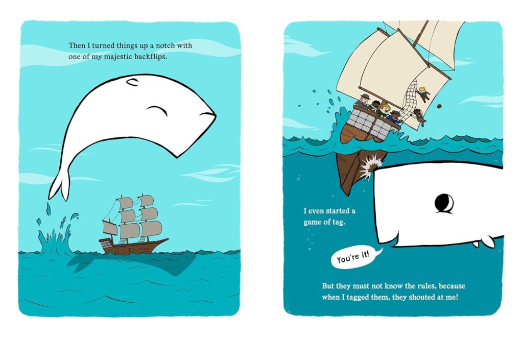 Call Me Moby, an illustrated allusion on the most famous whale in literature, uses big, happy art and succinct text to tell a tale about being yourself.