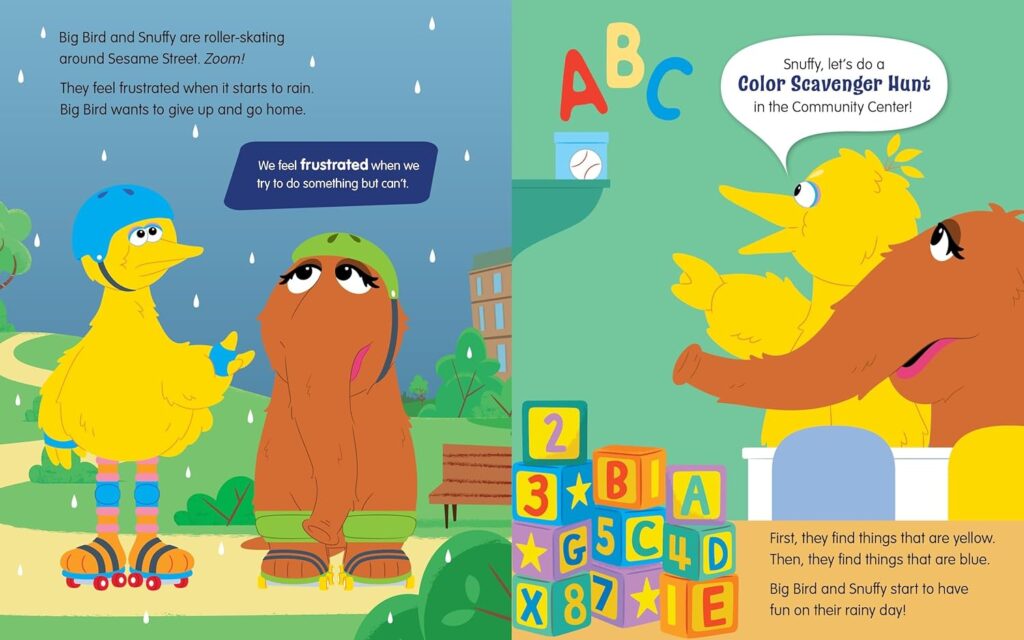 Get the Wiggles Out is a Sesame Street book that uses very short stories and movement to help toddlers through early elementary overcome frustrations.