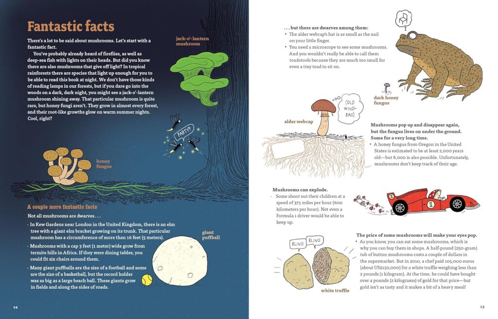 Mushrooms and Company doesn’t cap the fun. It’s reference smart, clever text, witty illustrations and photographic icks for ages 8 and up.