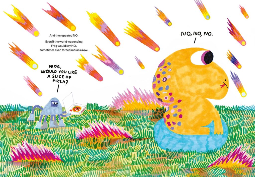 No, No, No is a sublime illustrated book that uses gorgeous art and a very simple premise that allows young audiences to become aware of un-needed variables around us.