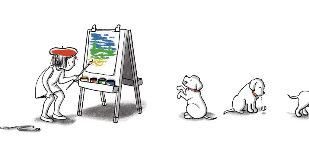 Claude is a wordless book about the fun and chaos a kid, her dog and a paint project can get into when they let down their perfectionist guard.