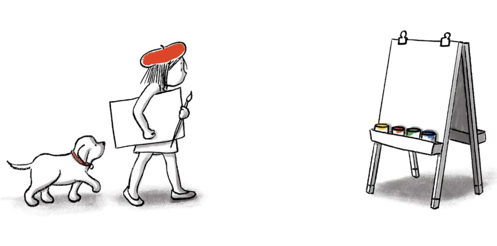 Claude is a wordless book about the fun and chaos a kid, her dog and a paint project can get into when they let down their perfectionist guard.