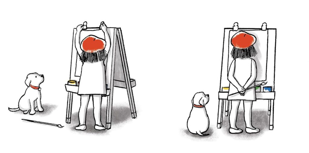 Claude is a wordless book about the fun and chaos a kid, her dog and a paint project can get into when they let down their perfectionist guard.