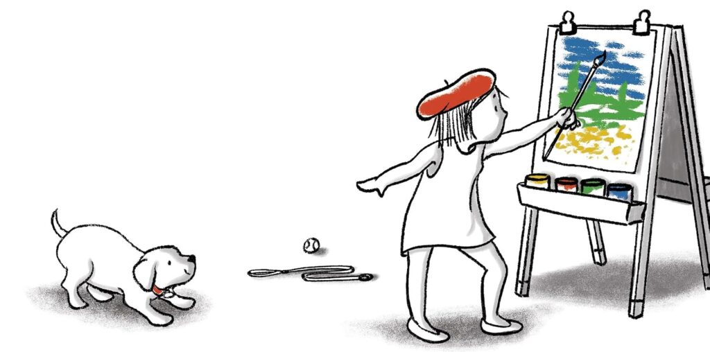 Claude is a wordless book about the fun and chaos a kid, her dog and a paint project can get into when they let down their perfectionist guard.