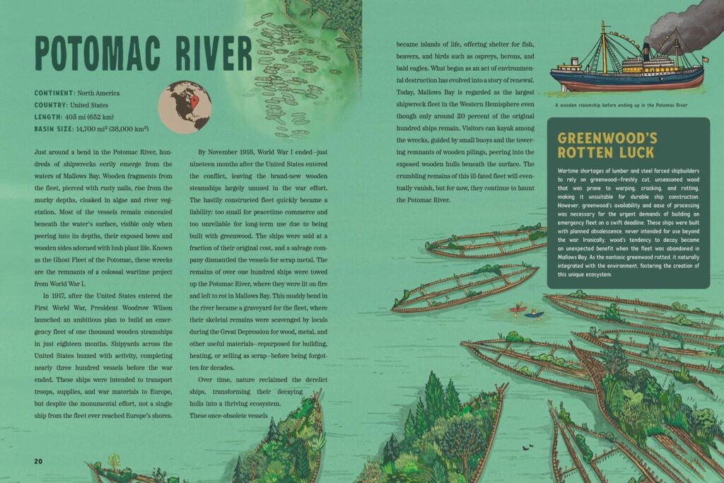 Spooky Rivers is an oversized book for ages seven and up that inspires curiosity with monsters and treasure, but also adds STEM 411 for all.
