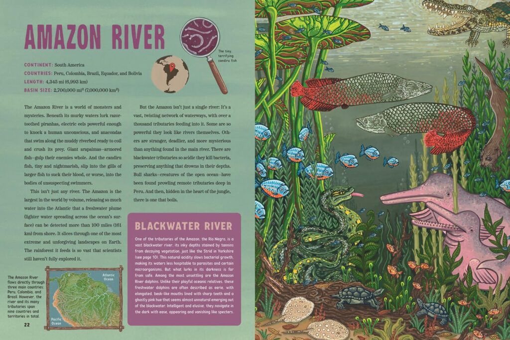 Spooky Rivers is an oversized book for ages seven and up that inspires curiosity with monsters and treasure, but also adds STEM 411 for all.